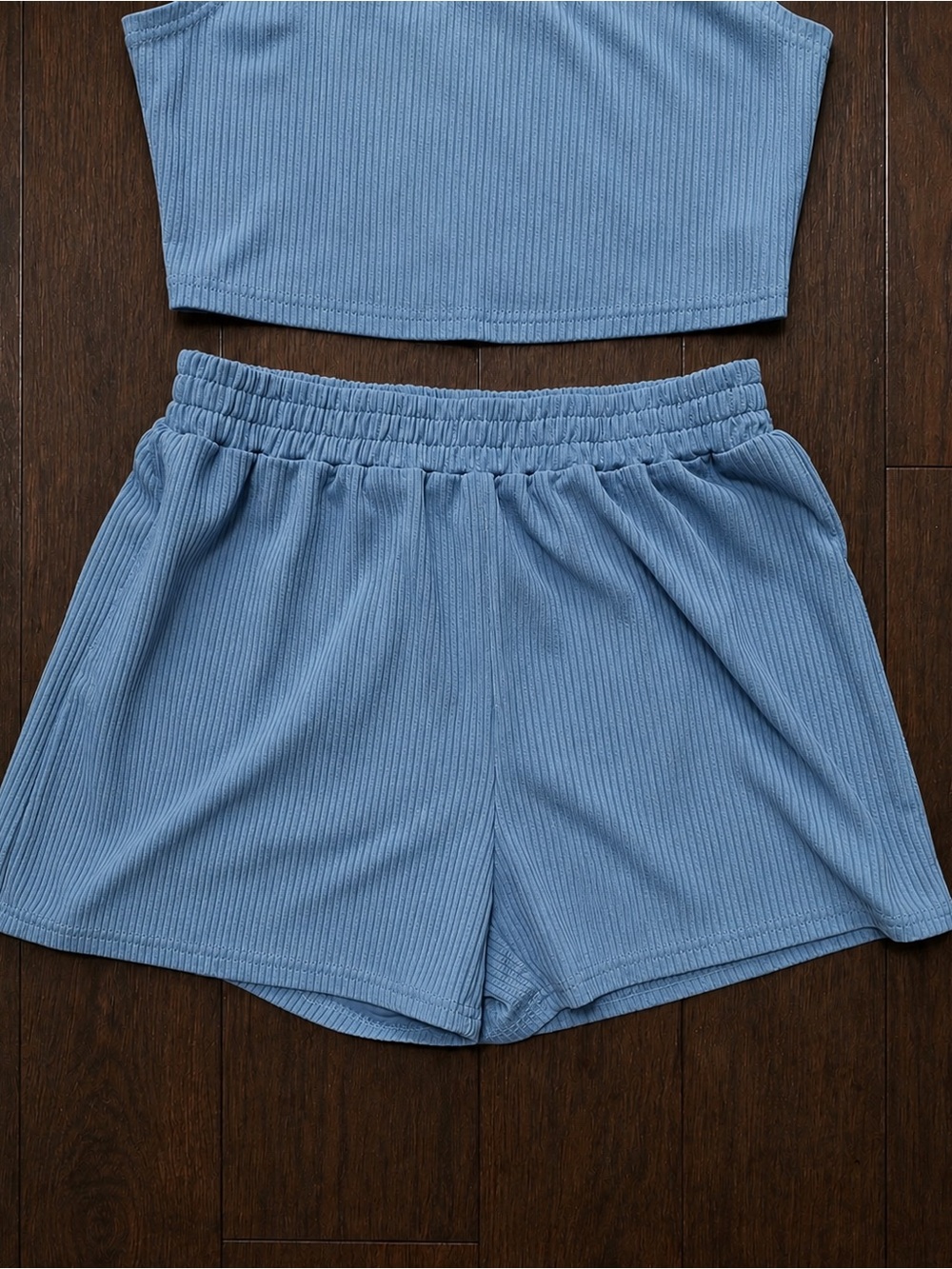 Light Blue Ribbed Crop Tank & Shorts Set - Picture 4 of 4